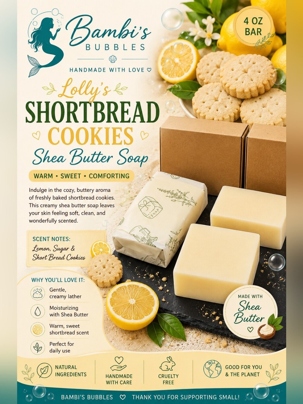 New! Hand Crafted Lolly's Shortbread Cookies Shea Butter 4oz Soap